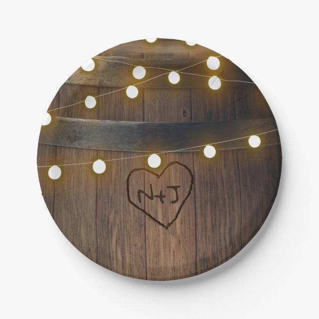 Wooden Barrel Carved Heart Lights Rustic Wedding Paper Plates (Front)