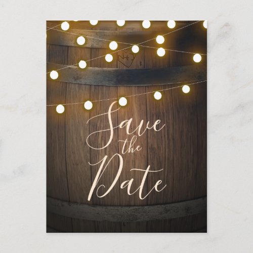 Wooden Barrel Carved Heart Lights Save the Date Announcement Postcard