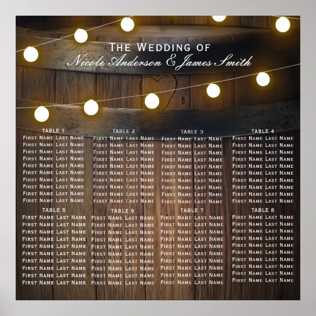 Wooden Barrel Lights Rustic Wedding Seating Chart (Front)