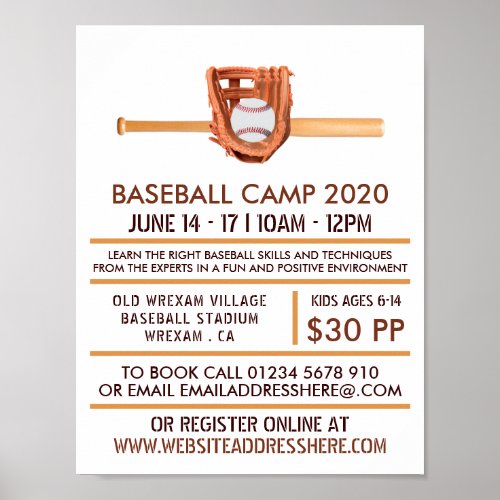 Wooden Baseball Bat  Gear Baseball Camp Advert Poster