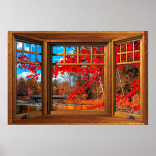 Wooden Bay Window Illusion - Autumn Landscape Poster