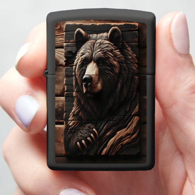 Wooden Bear Carving Zippo Lighter (In Hand)