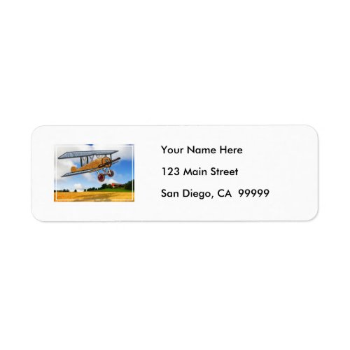 Wooden Biplane Over Farm Fields Label