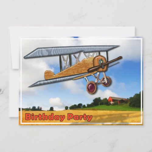 Wooden Biplane Over Fields Birthday Invitation