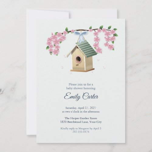 Wooden Birdhouse and Blossoms Baby Shower Invitation