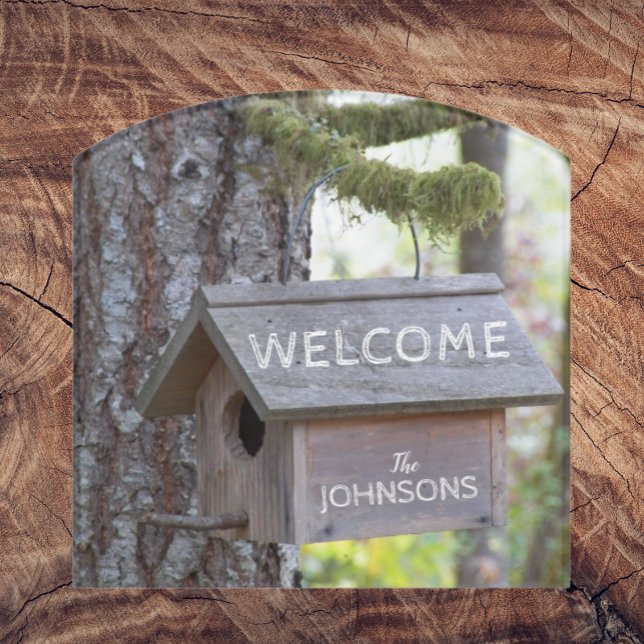 Wooden Birdhouse with Family Name Welcome Door Sign (In Situ)