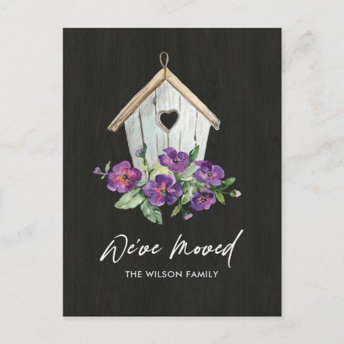 WOODEN BLACK FLORAL BIRD HOUSE MOVING NEW ADDRESS ANNOUNCEMENT POSTCARD