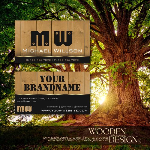 Wooden Boards Black Brown Wood Grain Look Monogram Business Card