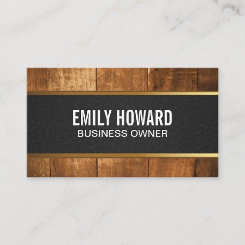 Wooden Boards  Black Leather Gold Trim Business Card
