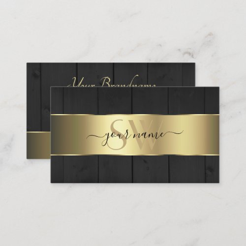 Wooden Boards Black Wood Grain Initials Gold Decor Business Card