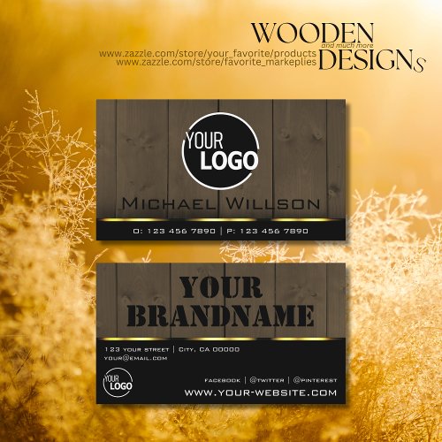 Wooden Boards Dark Brown Wood Grain Look with Logo Business Card