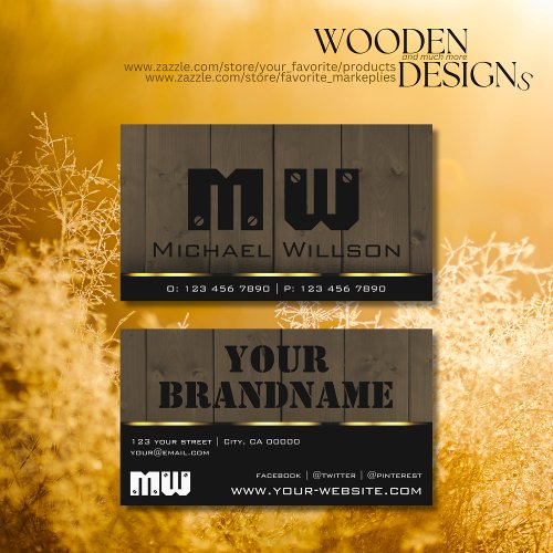 Wooden Boards Dark Brown Wood Grain with Monogram Business Card