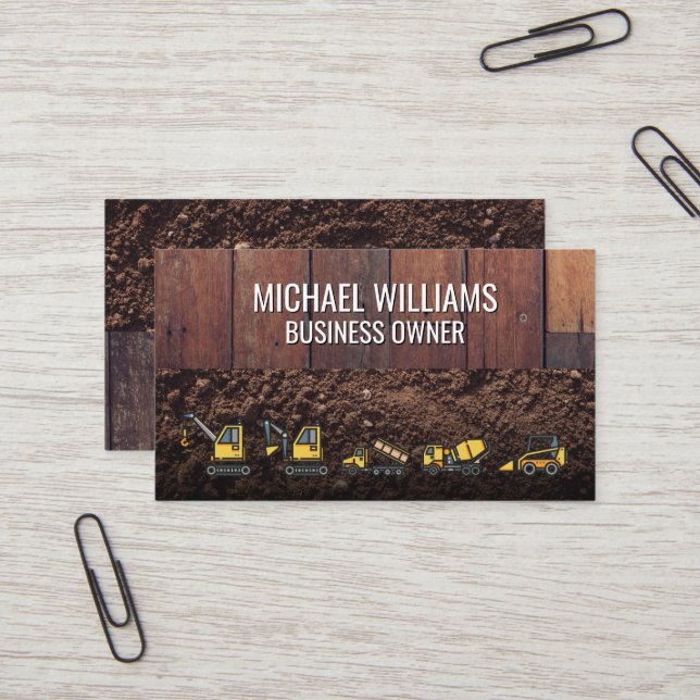Wooden Boards Dirt | Construction Vehicles Business Card (Front/Back In Situ)