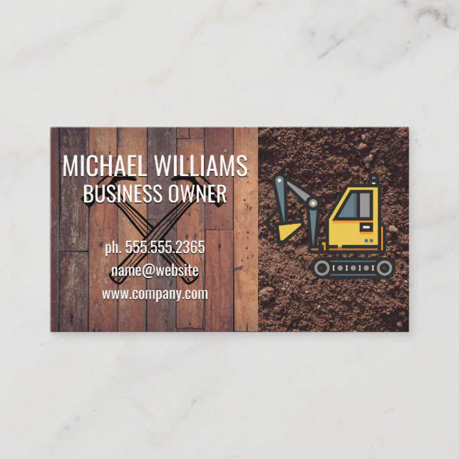 Wooden Boards Dirt | Excavator and Tools Business Card | Zazzle