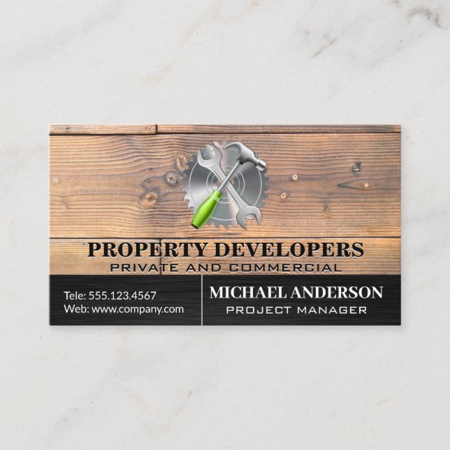Wooden Boards | Saw Wrench Hammer Business Card (Front)