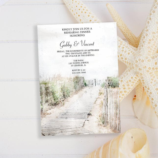 Wooden Boardwalk to the Beach Rehearsal Dinner Invitation (Set the tone for your beach party rehearsal dinner with this coastal invitation.)