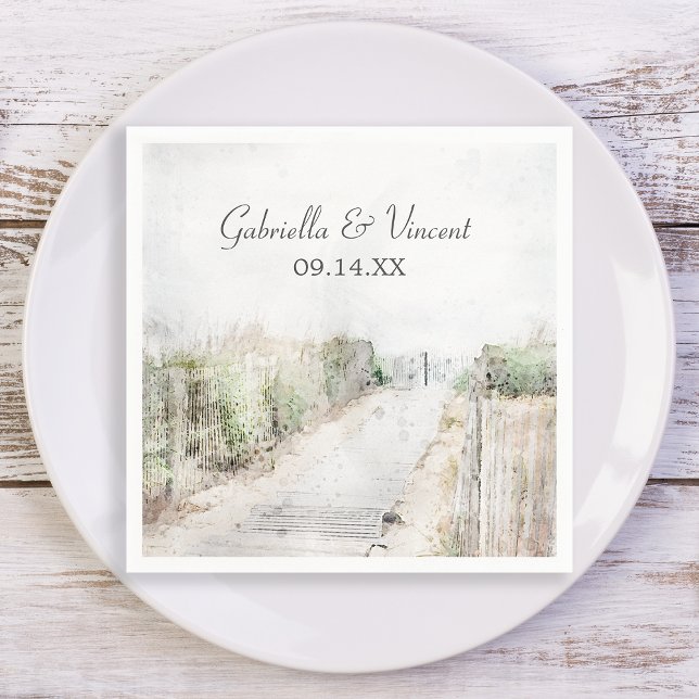 Wooden Boardwalk to the Beach Wedding Napkins (Set the table at your beach party bridal shower or marriage reception with these coastal napkins.)