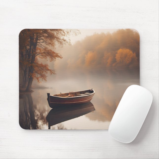 Wooden Boat On Autumn Lake Mouse Pad (With Mouse)