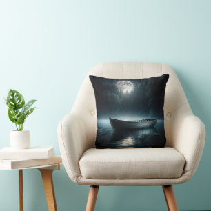 Wooden Boat On Moonlit Lake Throw Pillow