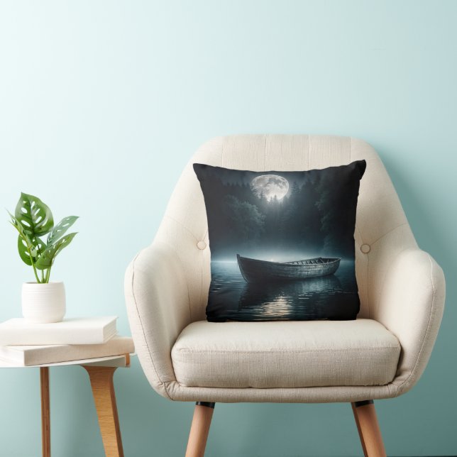 Wooden Boat On Moonlit Lake Throw Pillow (Chair)