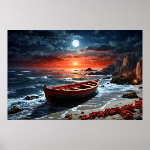 Wooden boat on seashore poster
