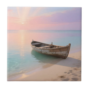 Wooden Boat Tropical Sunset Beach Ceramic Tile