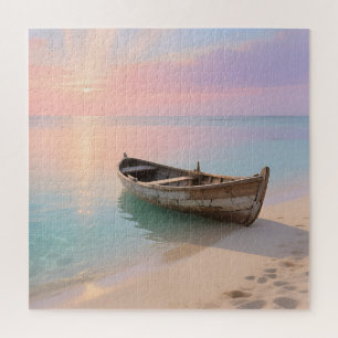 Wooden Boat Tropical Sunset Beach Jigsaw Puzzle