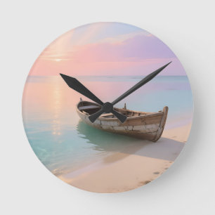 Wooden Boat Tropical Sunset Beach Round Clock