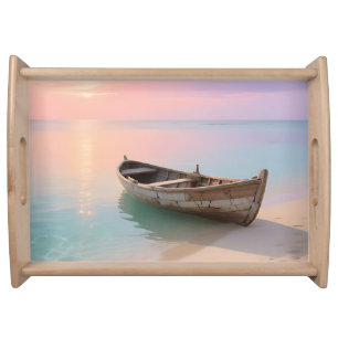 Wooden Boat Tropical Sunset Beach Serving Tray