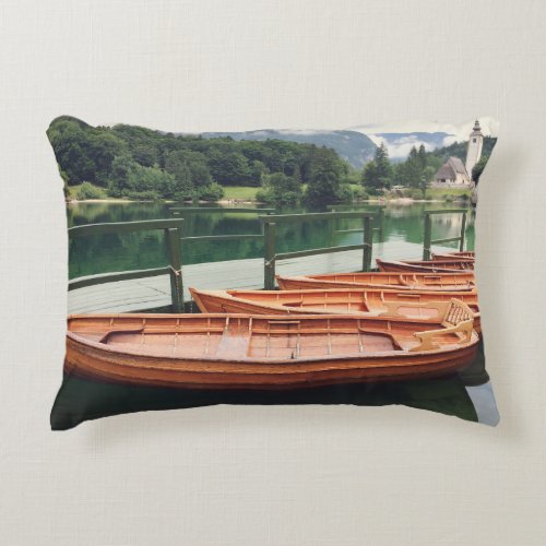 Wooden Boats Slovenia Scenic Lake Mist Photography Accent Pillow