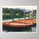 Wooden Boats Slovenia Scenic Lake Mist Photography Poster<br><div class="desc">This beautiful wall art features a photo of a row of wooden boats on the water in Lake Bohinj,  Slovenia with low misty clouds and a serene mountain landscape.</div>