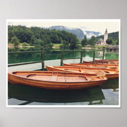 Wooden Boats Slovenia Scenic Lake Mist Photography Poster
