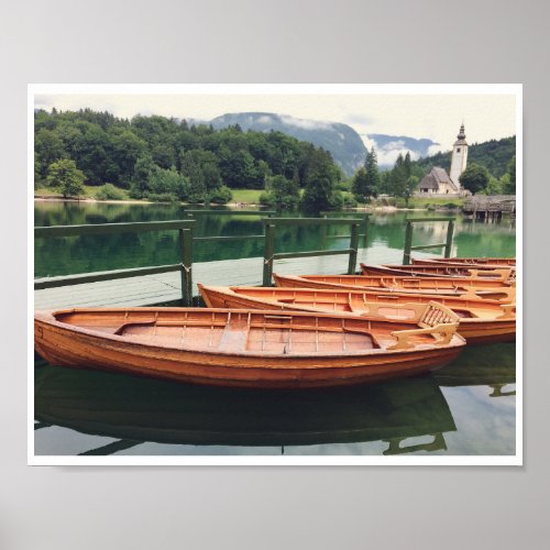 Wooden Boats Slovenia Scenic Lake Mist Photography Poster