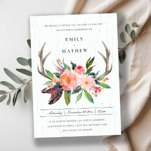 WOODEN BOHO BLUSH ANTLER FLORAL COUNTRY WEDDING INVITATION