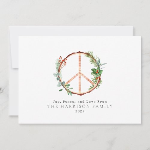 Wooden Botanical Peace Sign Love Joy Christmas Holiday Card