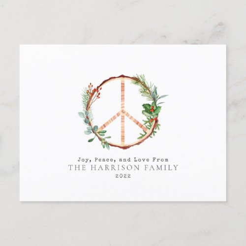 Wooden Botanical Peace Sign Love Joy Christmas Holiday Postcard