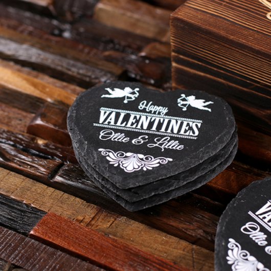 Wooden Box & Engraved Heart Shaped Slate Coasters (Top Right)