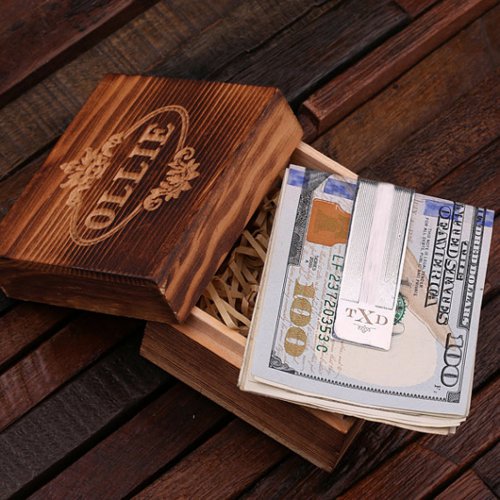 Wooden Box  Engraved Monogram Silver Money Clip