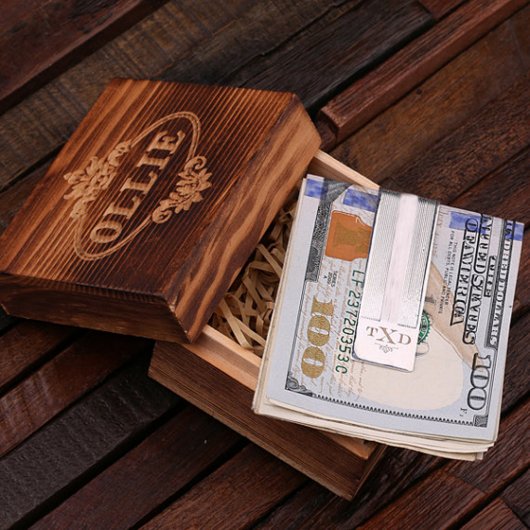 Wooden Box & Engraved Monogram Silver Money Clip (Inside)