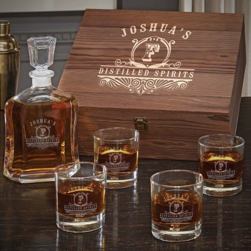 Wooden Box Set w Decanter  Bryne Whiskey Glasses