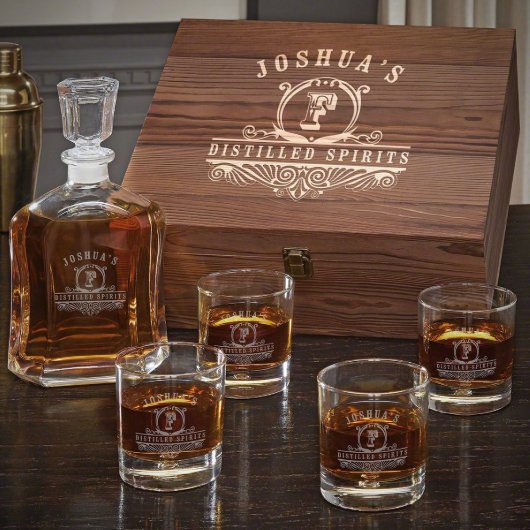 Wooden Box Set w/ Decanter & Bryne Whiskey Glasses (Front)