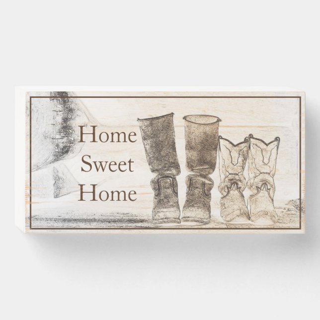 Wooden Box Sign-Home Sweet Home boots (Front Horizontal)