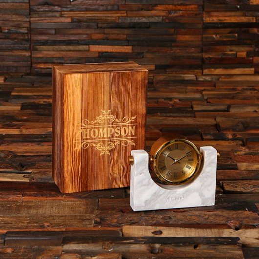 Wooden Box w/ Exquisite Metal & Marble Desk Clock (Front)