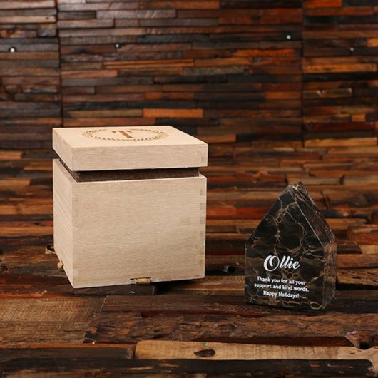 Wooden Box w/ Metal & Marble House Shaped Clock (Front)