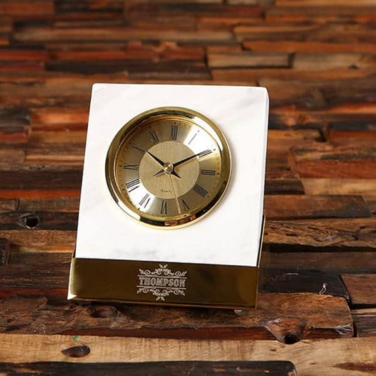 Wooden Box w/ Slanted Metal & Marble Desk Clock (Front)