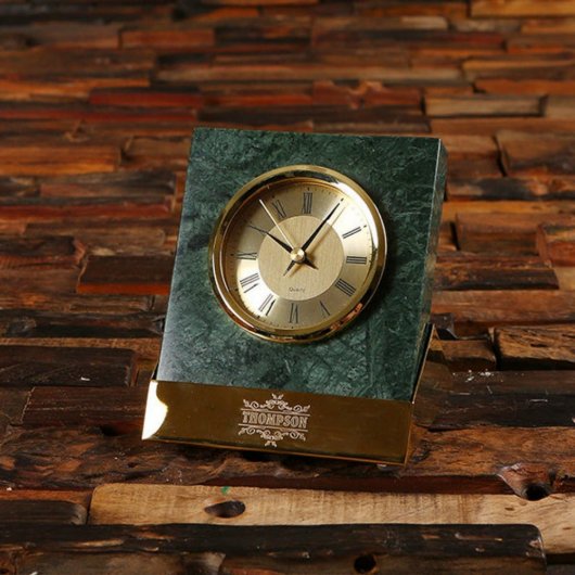 Wooden Box w/ Slanted Metal & Marble Desk Clock (Front)