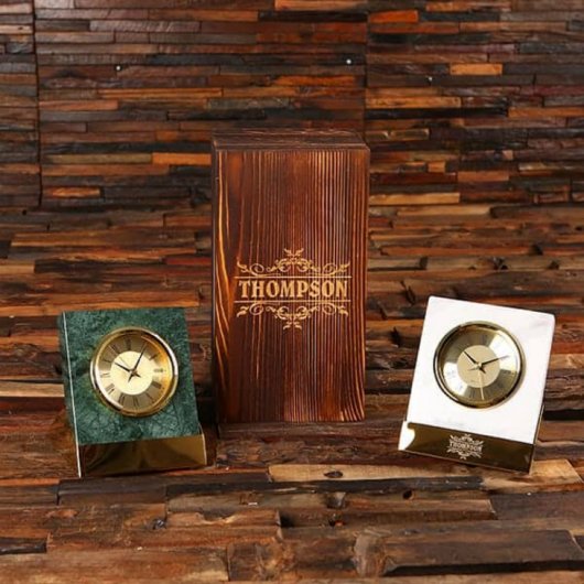 Wooden Box w/ Slanted Metal & Marble Desk Clock (Front)