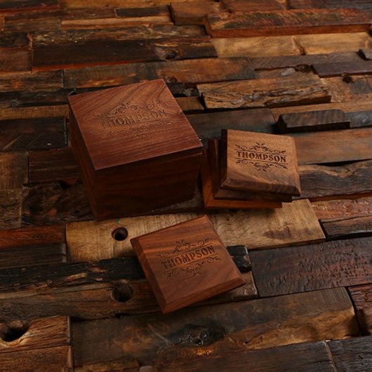 Wooden Box with Engraved Black Walnut Coasters (Front)