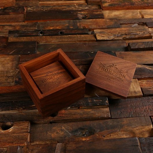 Wooden Box with Engraved Black Walnut Coasters (Front)
