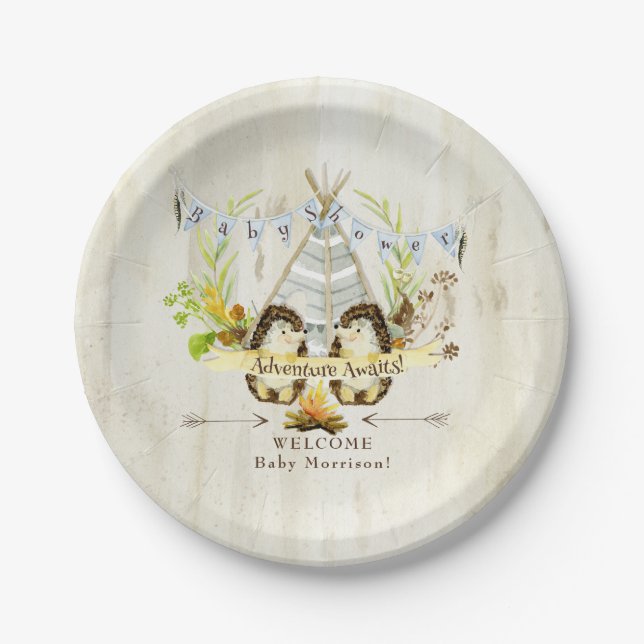 Wooden Boy Baby Shower Hedgehog Adventure Awaits Paper Plates (Front)